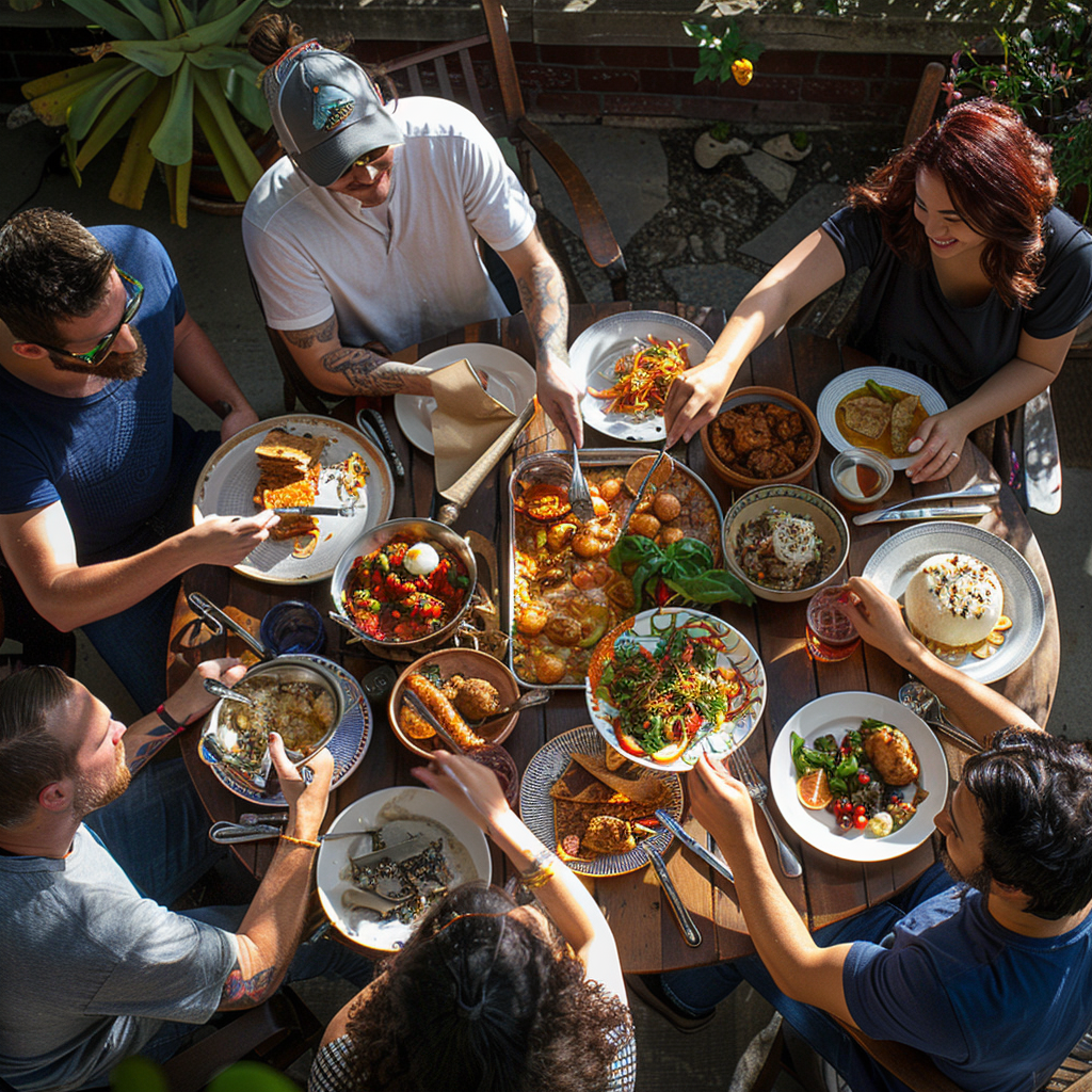 La joie de la convivialité : ce groupe d'amis partageant un repas et des rires, un moment de pur bonheur et de partage autour d'une table accueillante.